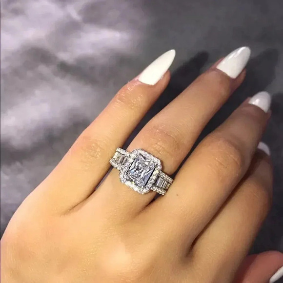 NEW! Sterling Silver Radiant-Cut Decorative Diamond Halo Engagement Ring - Picture 1 of 6